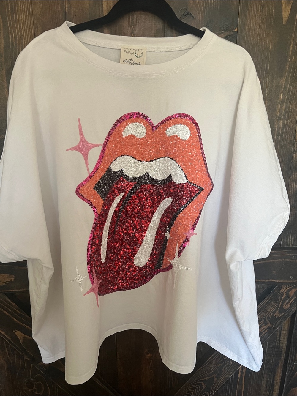 Fantastic Fawn White Graphic Sequin Rolling Stones Tee